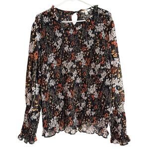 Terra & Sky Black Floral Long-Sleeve Pleated Blouse